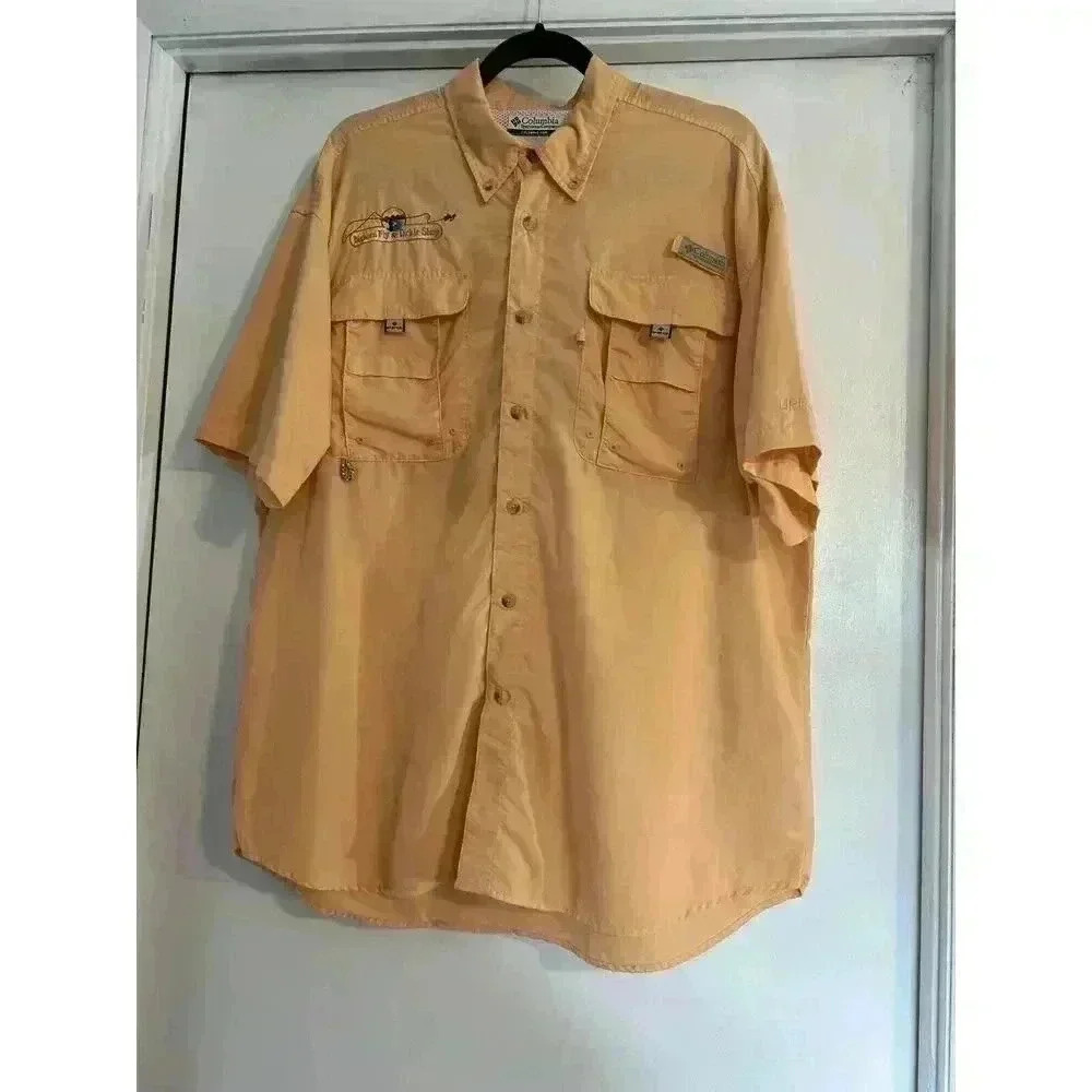 Columbia PFG Fishing Shirt Size Medium Orange Short Sleeve Bighorn Fly & Tackle